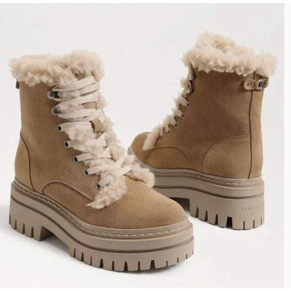 Sam Edelman Kyler 2 Lace Up Combat Boots 9.5 NWOT Tan Suede Fur Ankle Bootie Lug - Picture 2 of 11